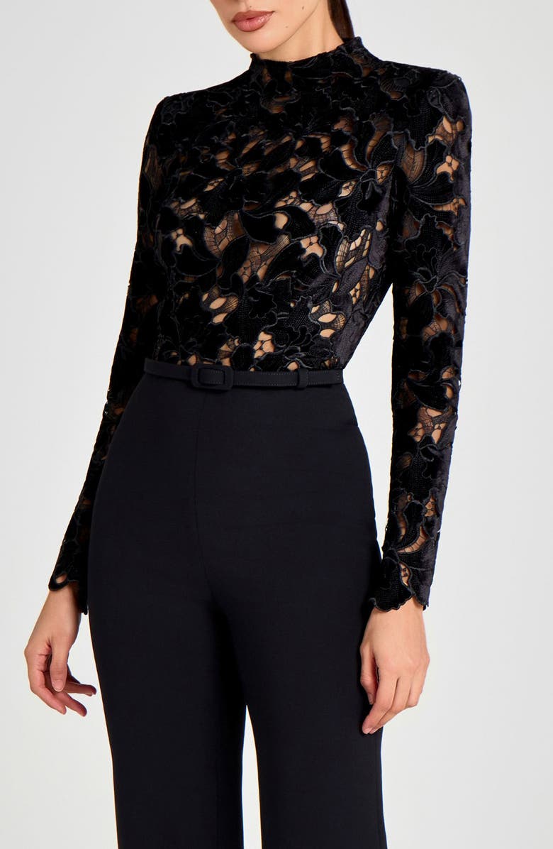 NADINE MERABI Lace Mock Neck Velvet Jumpsuit, Alternate, color, Black