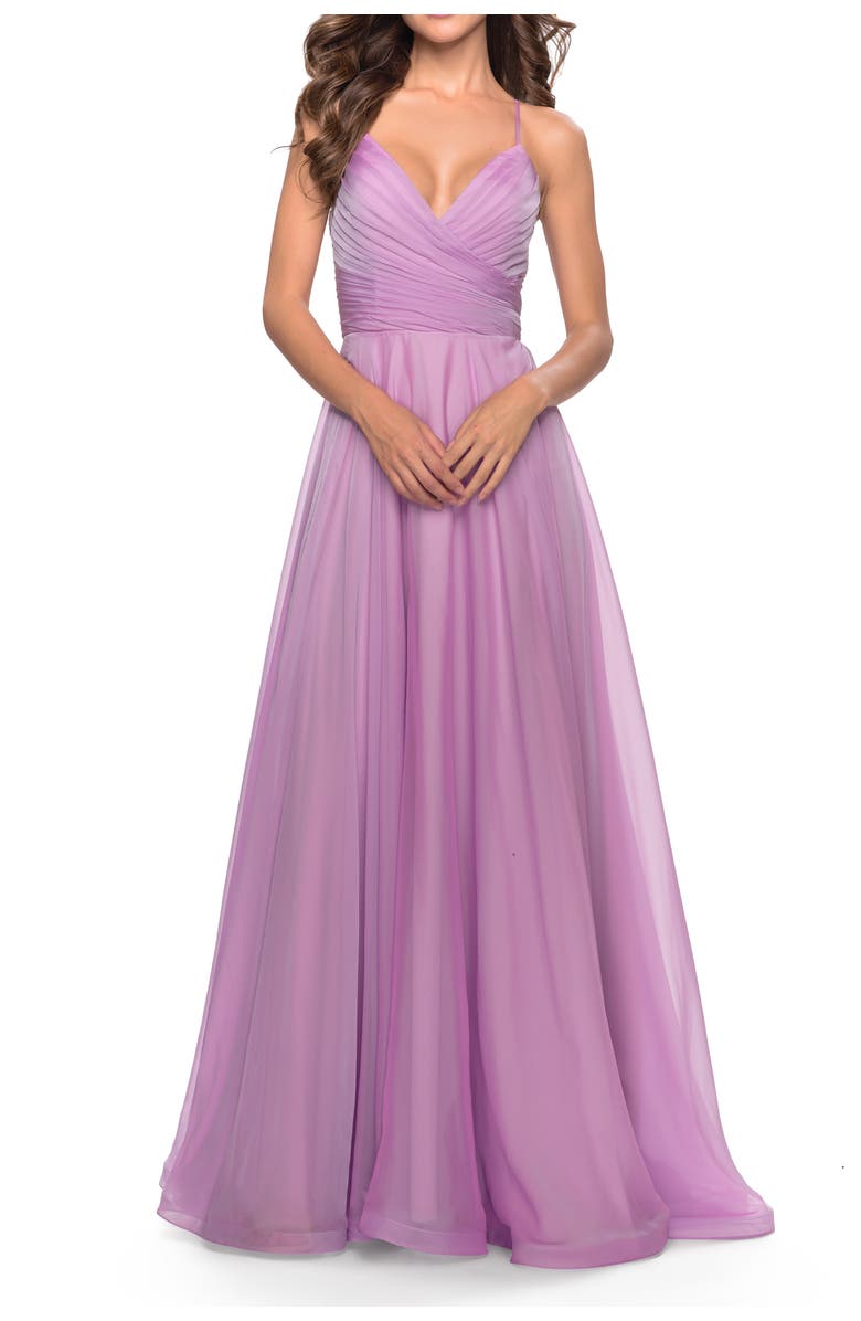 La Femme Chiffon Prom Dress with Ruched Bodice and Slit, Alternate, color, Lavender