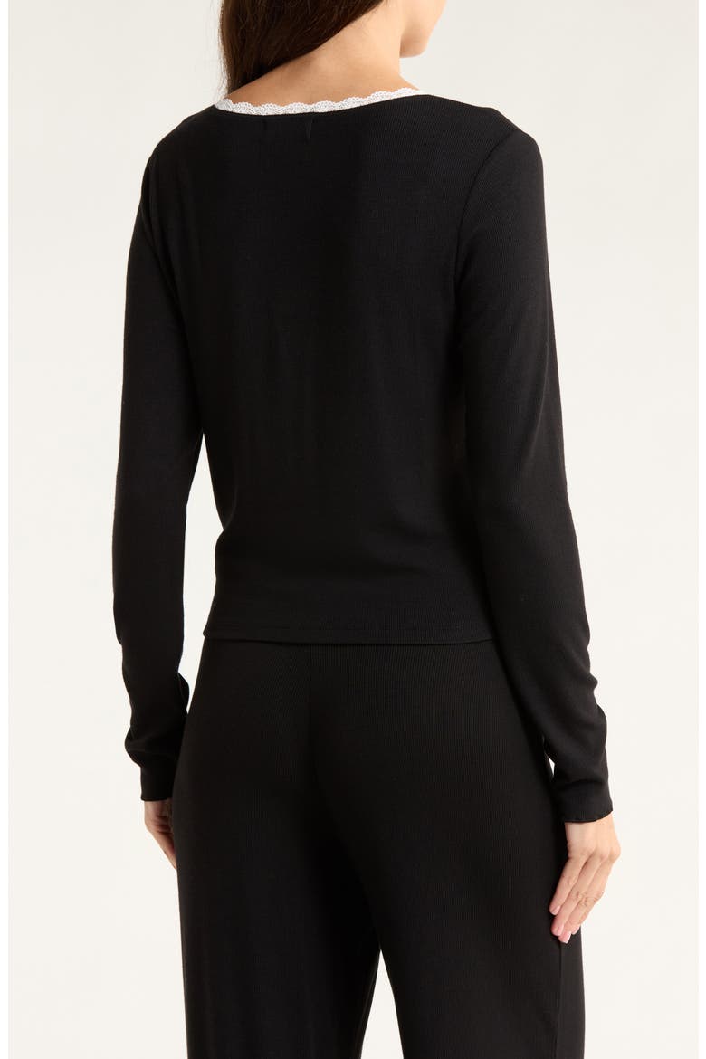Daydream Lace Trim Rib Button-Up Lounge Top, Alternate, color, BLACK