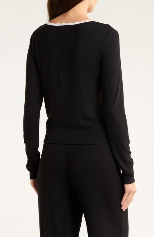 Open Edit Daydream Lace Trim Rib Button-up Lounge Top In Black