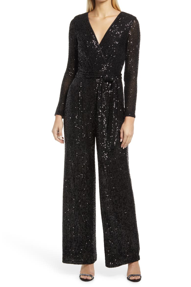 Long Sleeve Sequin Jumpsuit, Main, color, BLK