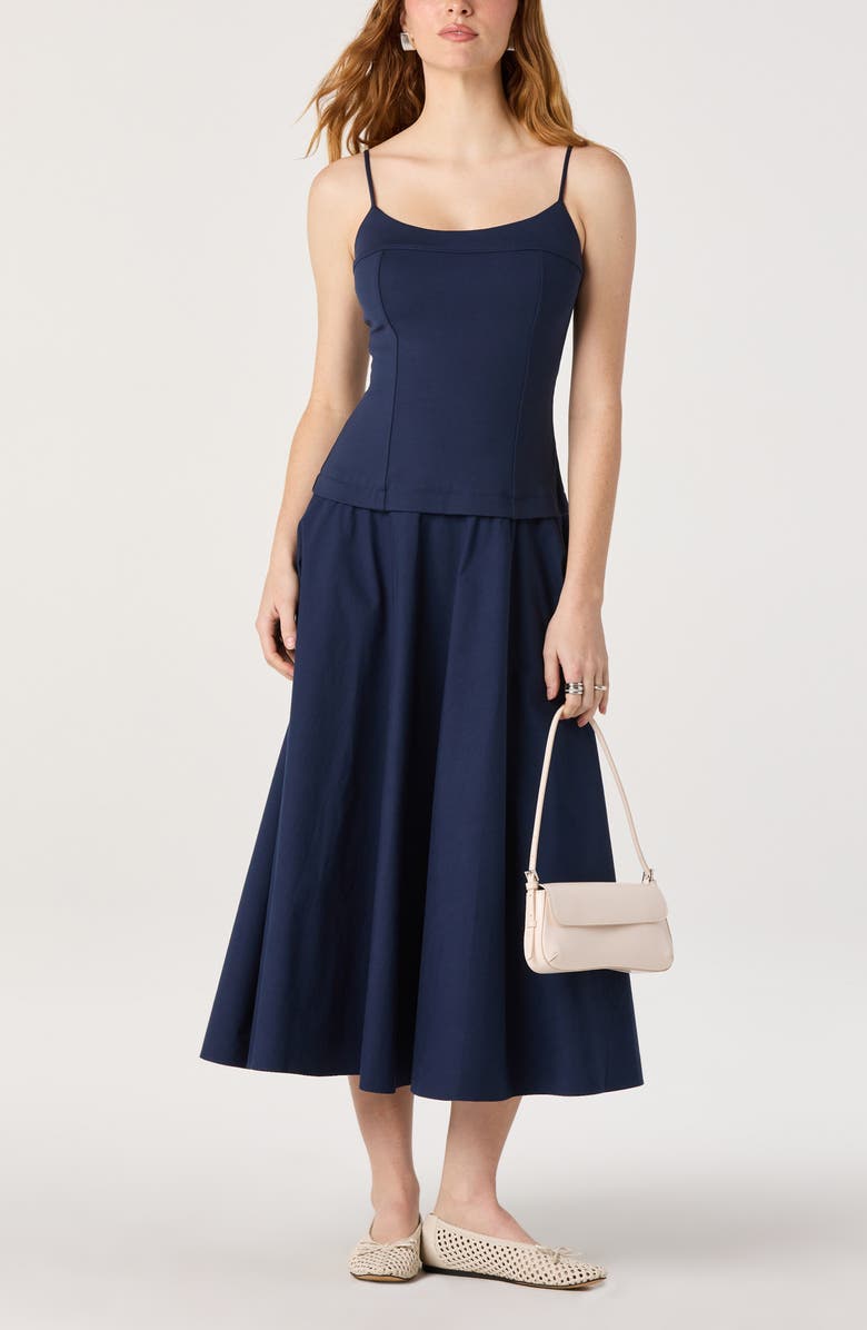 ASTR the Label Cierra Mixed Media Fit & Flare Midi Dress, Alternate, color, Navy