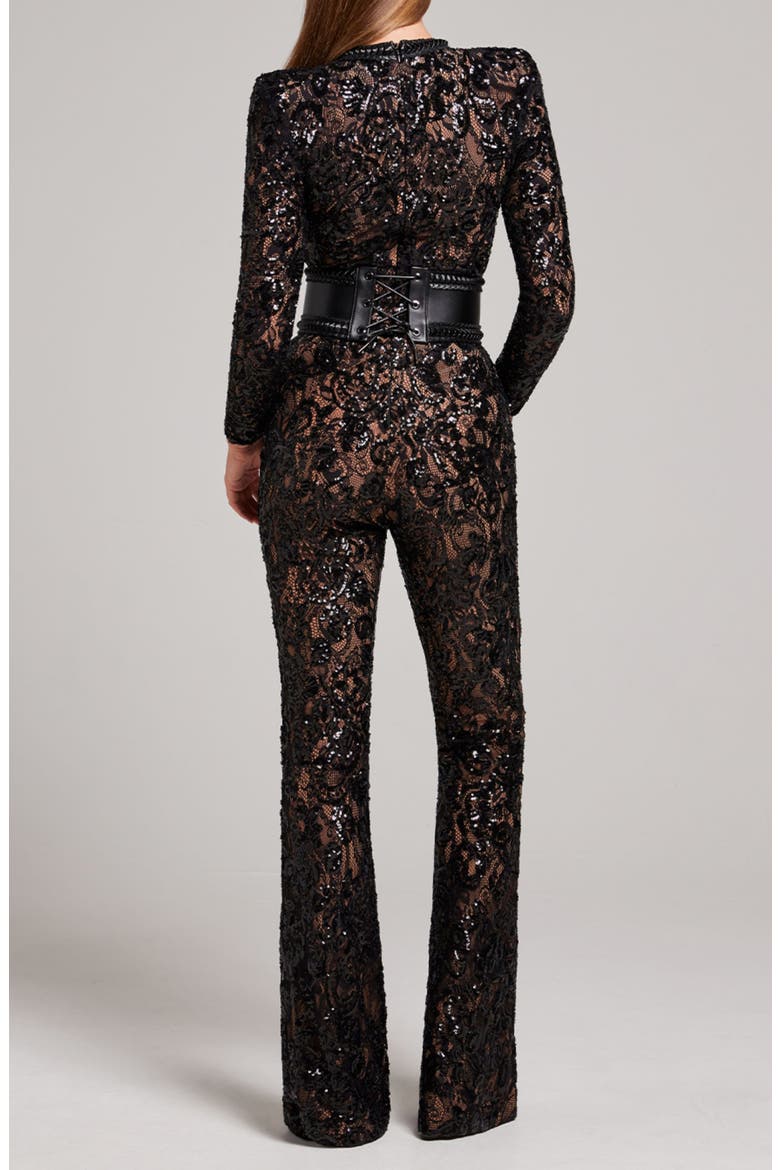 Bella Long Sleeve Beaded Lace Jumpsuit, Alternate, color, BLACK