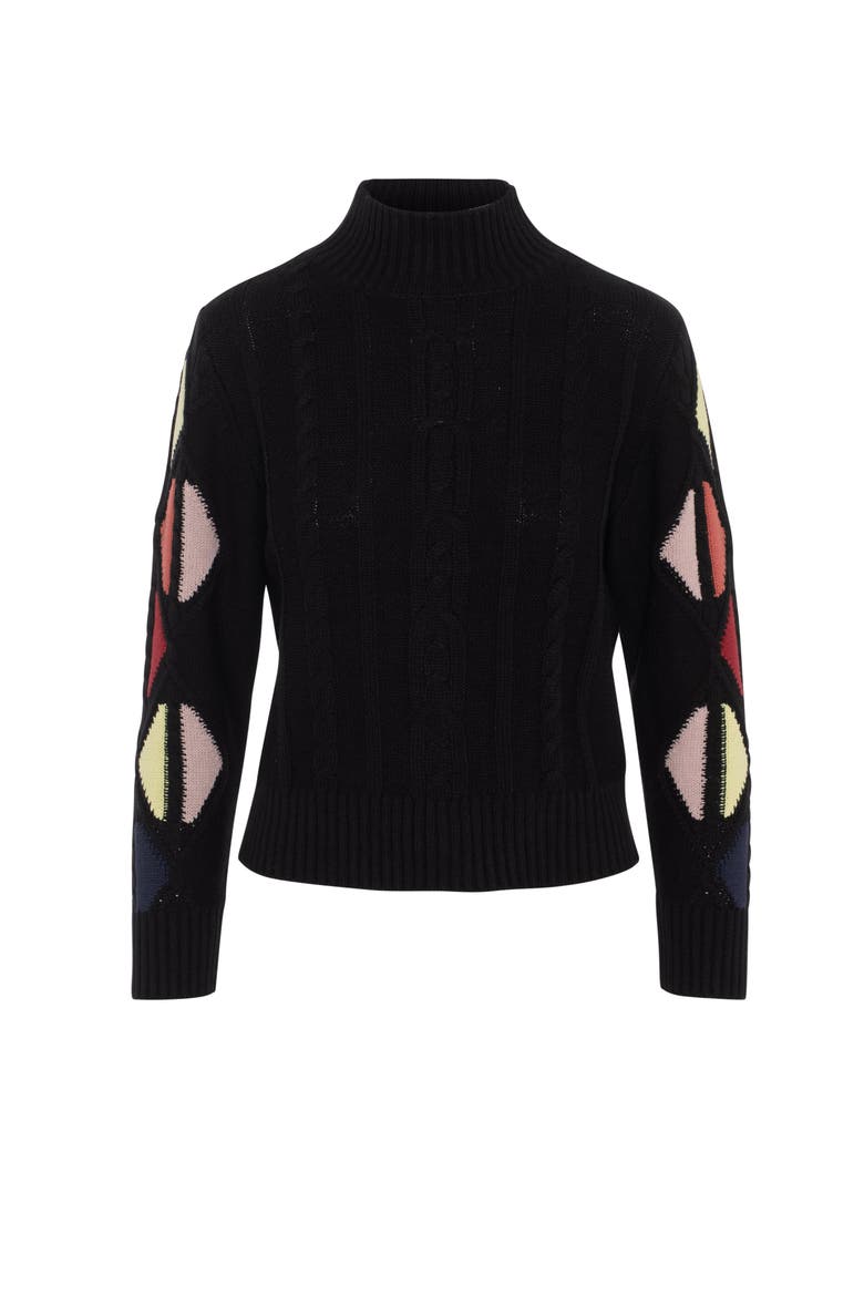 Ladies Color Blocked Cable Knit Mock Neck Sweater, Alternate, color, Black