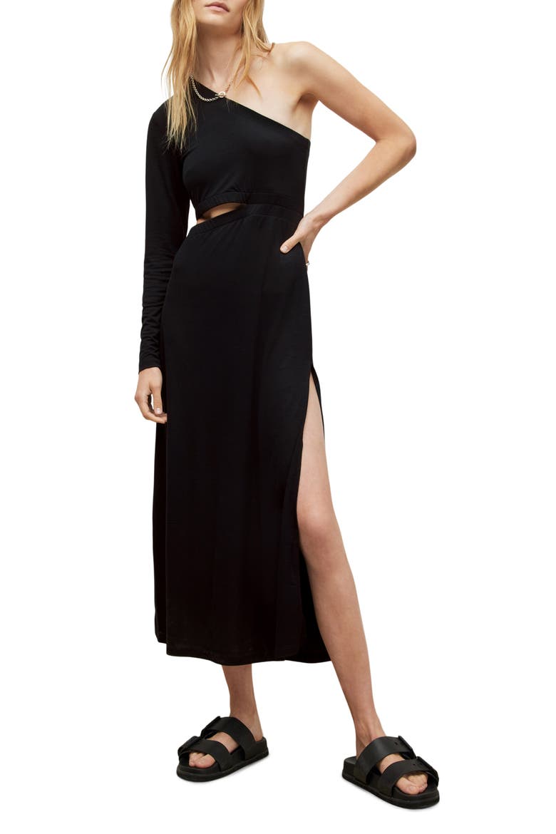 Mary One-Shoulder Cutout Midi Dress, Alternate, color, BLACK