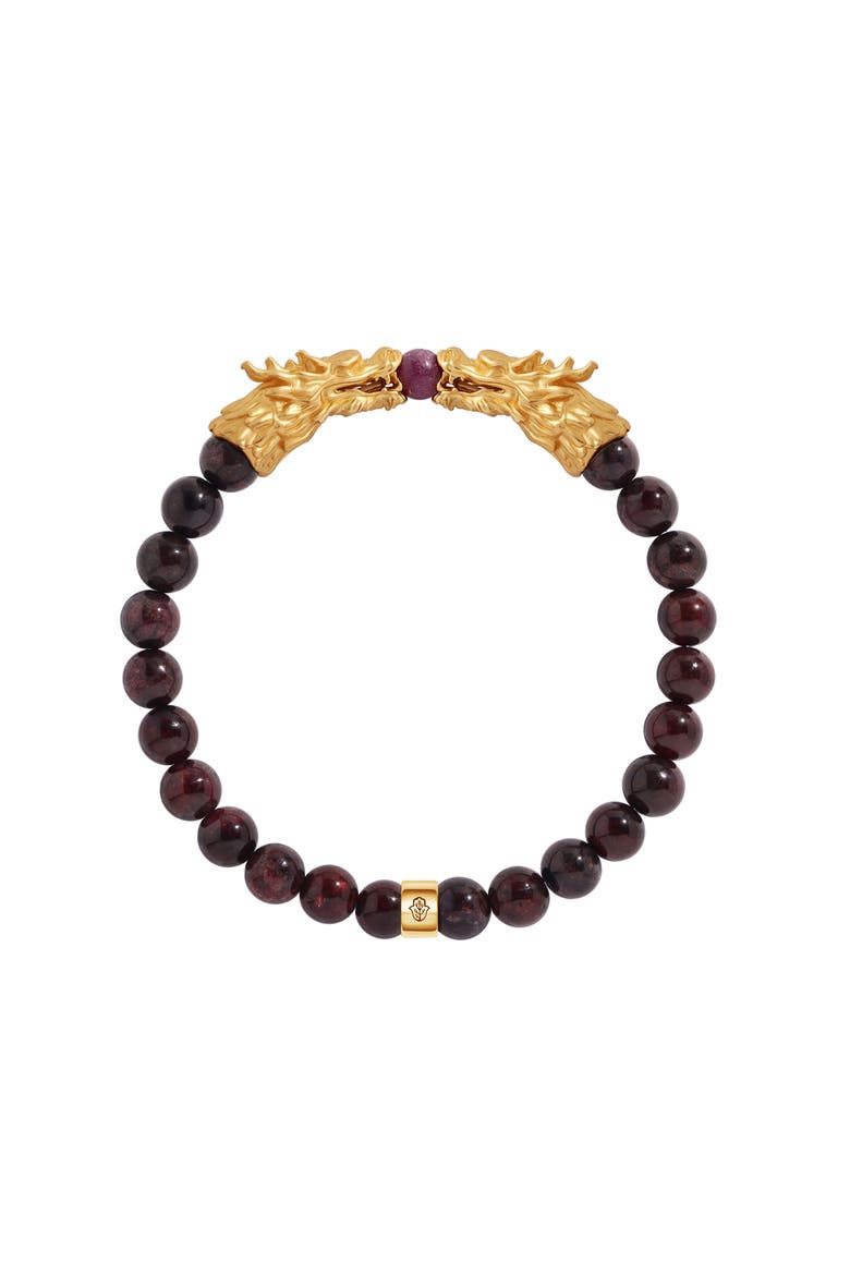 Garnet Ruby Gold Plated Dragon Charm Beaded Bracelet Dragonfire Harmony, Main, color, Burgundy/Gold