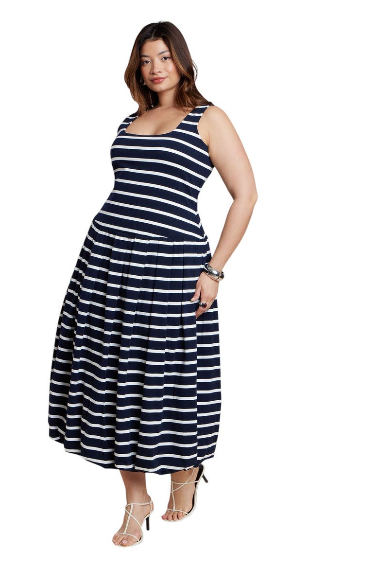 Striped Drop Waist Bubble Maxi Dress, Alternate, color, NAVY STRIPE