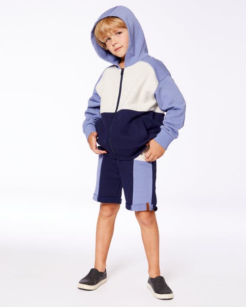 Deux Par Deux Little Boy's French Terry Color Block Full Zip Hoodie Sweatshirt Blue, Navy And Cream In Blue, Navy And Cream