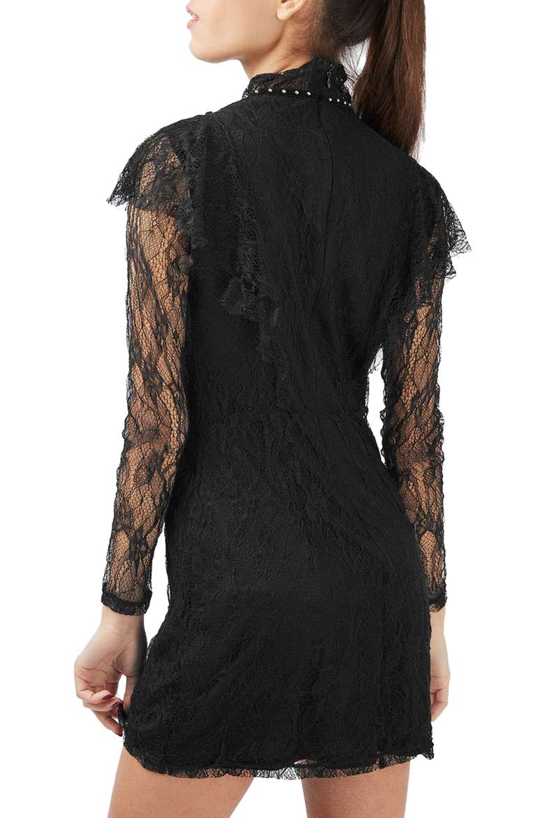 Stud Ruffle Lace Dress, Alternate, color, BLACK