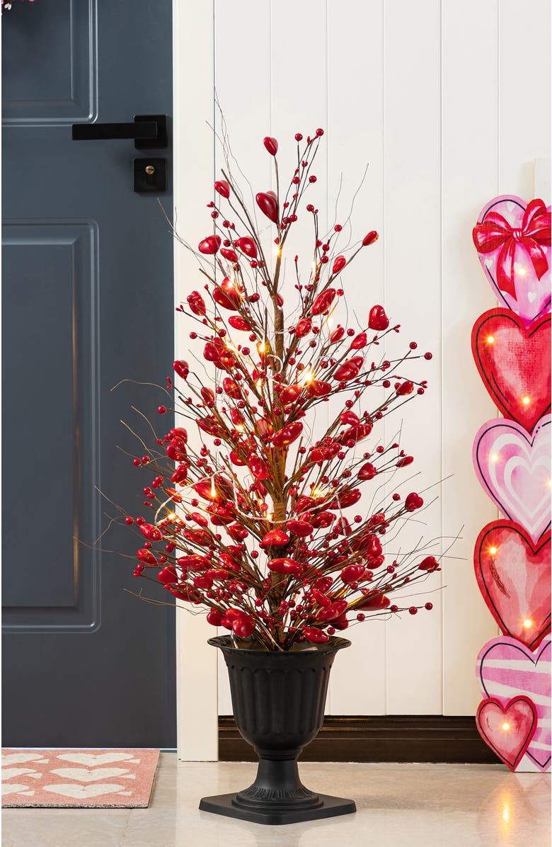 Glitzhome 36"H Valentine
s Lighted Red Berry Heart Urn Porch Tree with Timer, Alternate, color, 