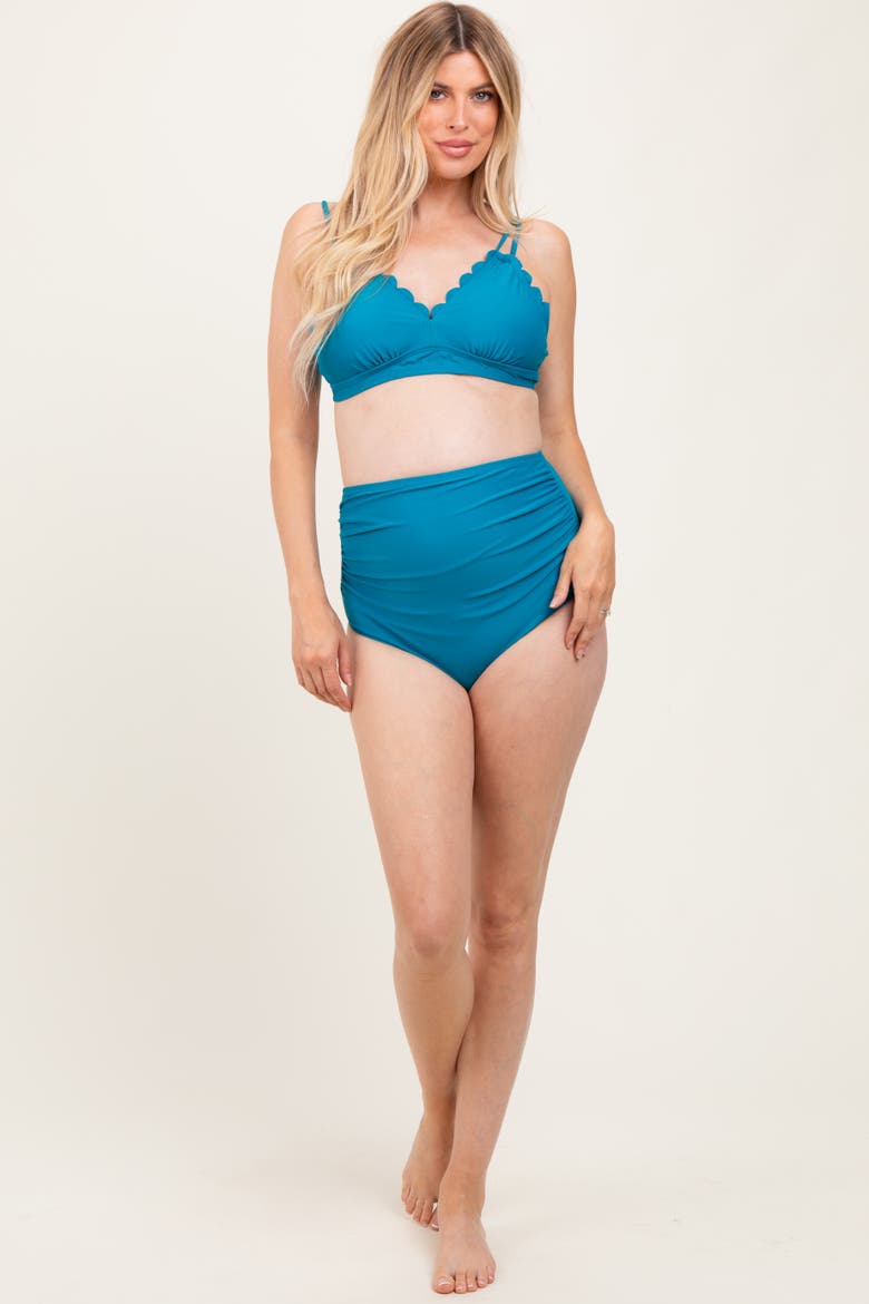 Scalloped V-Neck High Waist Two-Piece Swimsuit, Alternate, color, Teal