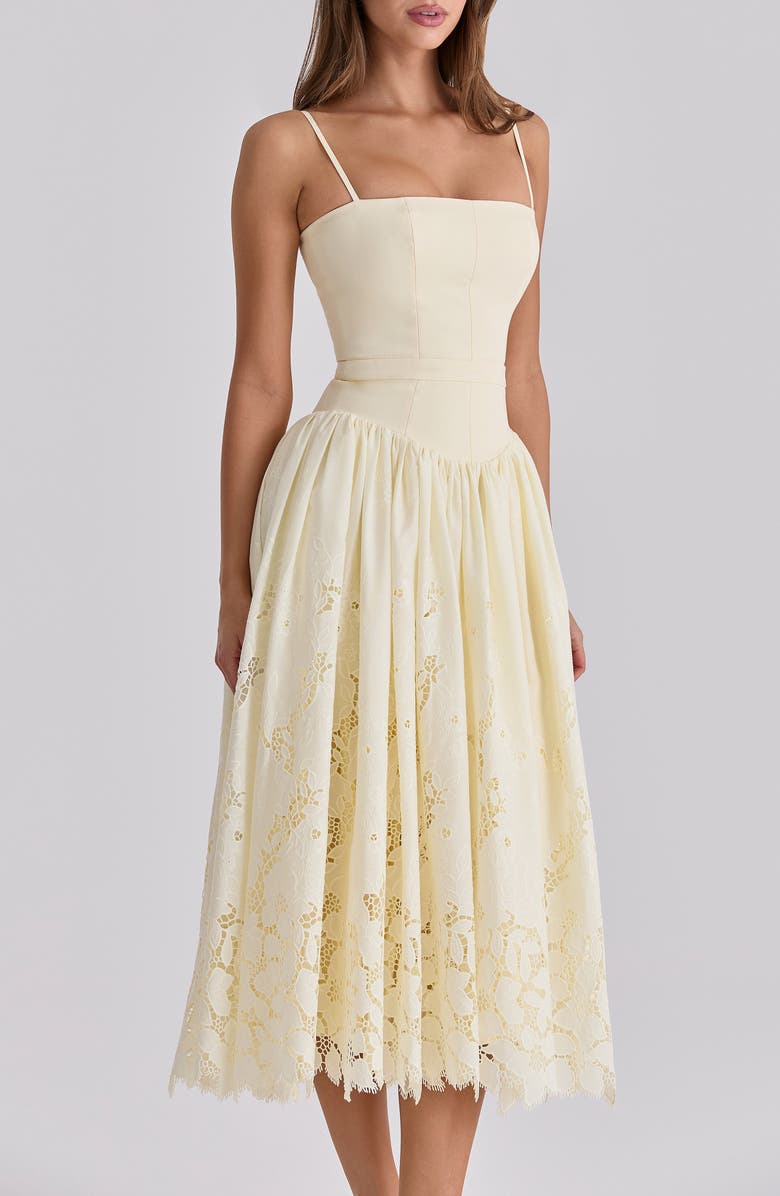 HOUSE OF CB Ysabella Lace Skirt Stretch Cotton Cocktail Dress, Alternate, color, Lemon