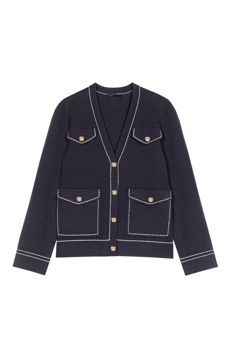 maje Long topstitched knit cardigan, Alternate, color, Navy