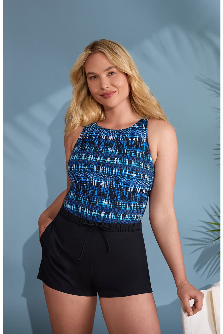 Highneck Runaround Chlorine Resistant One-Piece Swimsuit, Alternate, color, Blue Tribal Stripe