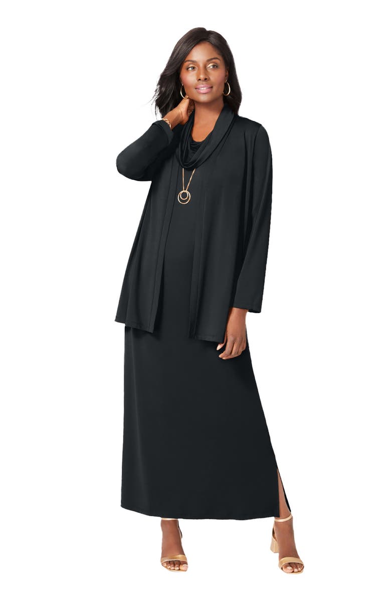 Jessica London 2-Piece Cowlneck Jacket Dress, Main, color, Black