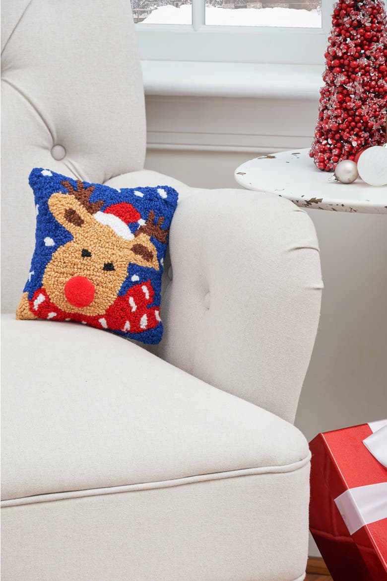 Reindeer w/ Santa Hat Hooked Christmas Mini Accent Pillow 8" x 8", Alternate, color, Blue
