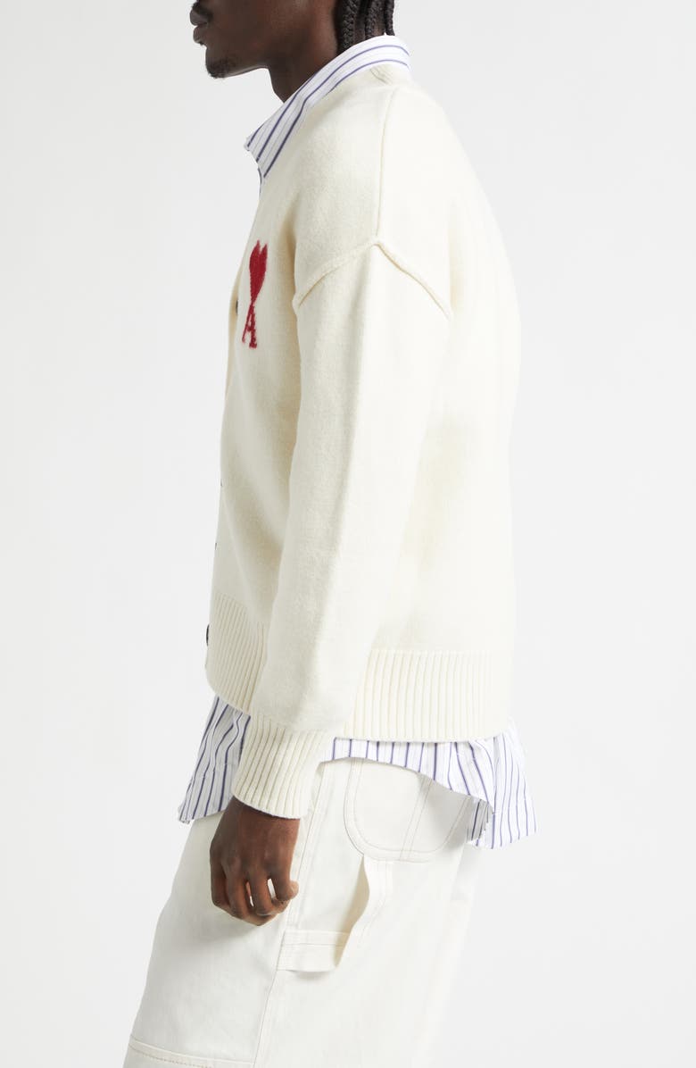 AMI PARIS Ami de Coeur Intarsia Wool Cardigan, Alternate, color, Ecru/ Rouge