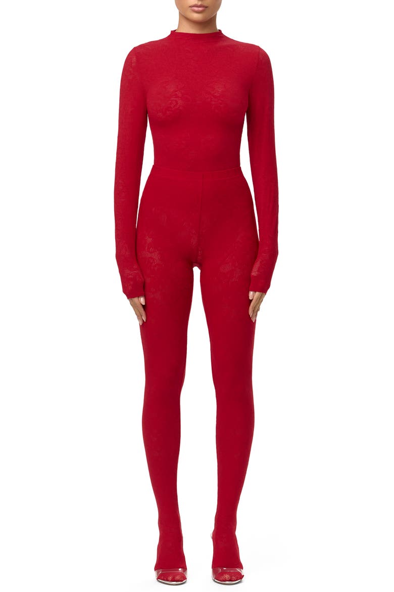Closed Toe Semisheer Lace Leggings, Alternate, color, RUBY RED