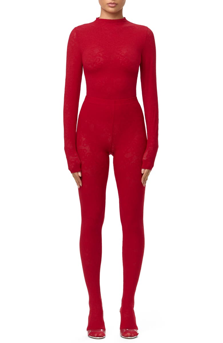 Naked Wardrobe Closed Toe Semisheer Lace Leggings, Alternate, color, Ruby Red