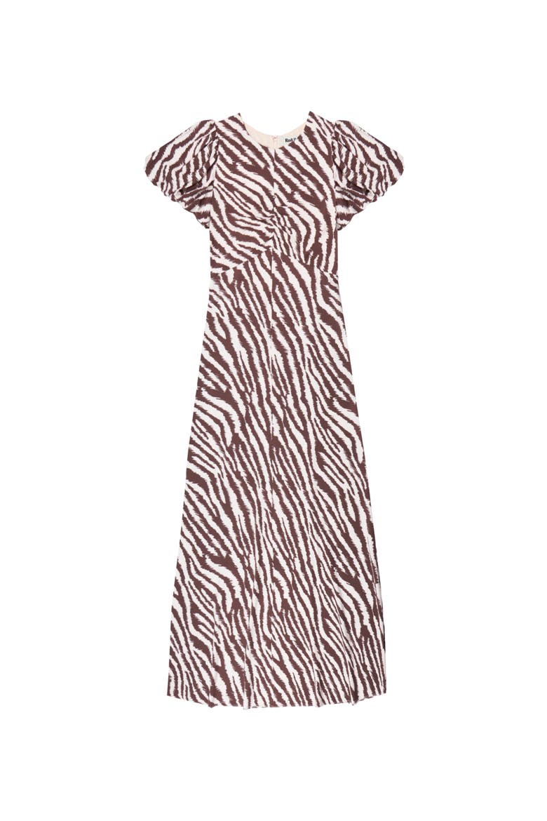 Puff Sleeve Midi Dress, Alternate, color, Brown