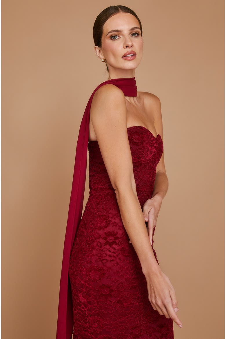 Velvet Lace Corset Bandeau Maxi Dress, Alternate, color, Wine