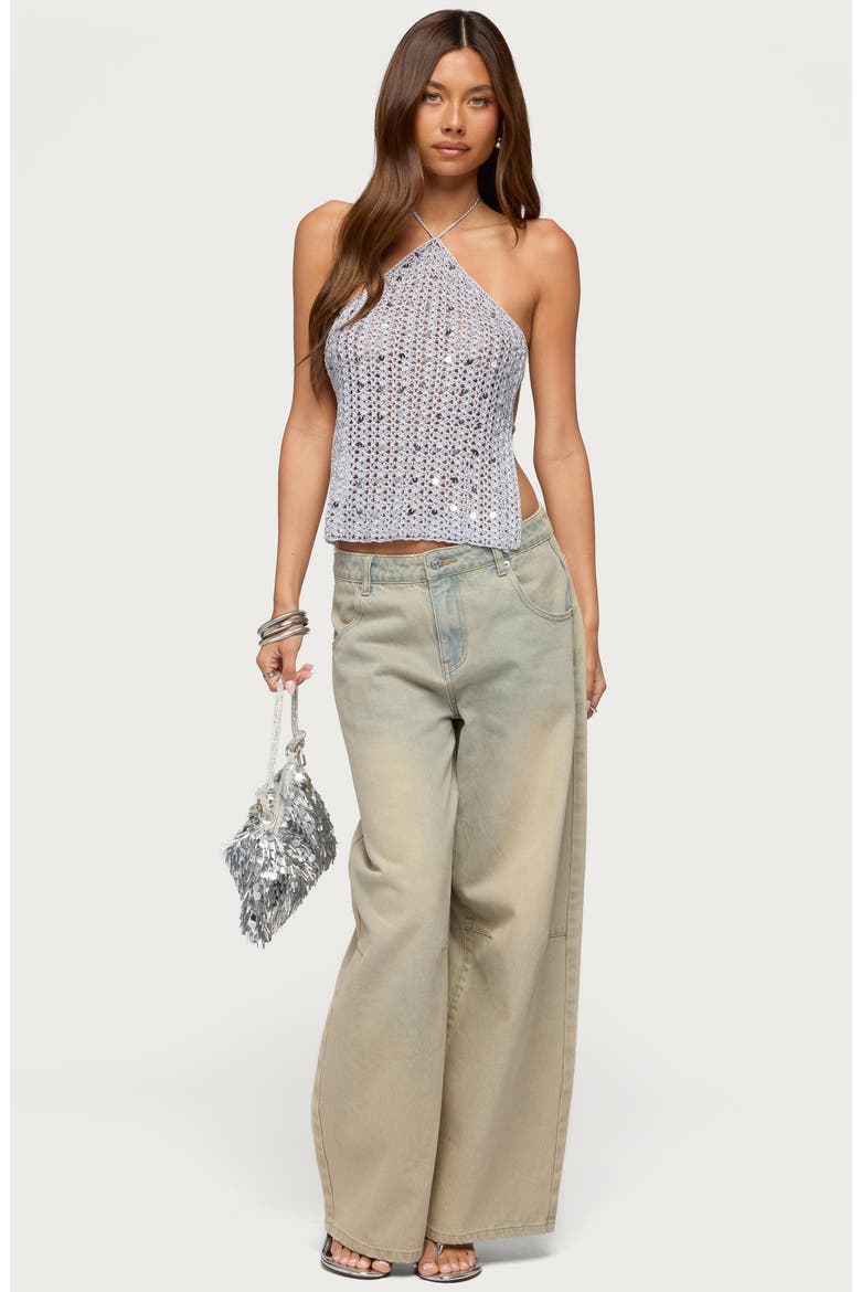 Thaly Backless Sequin Crochet Top, Alternate, color, SILVER