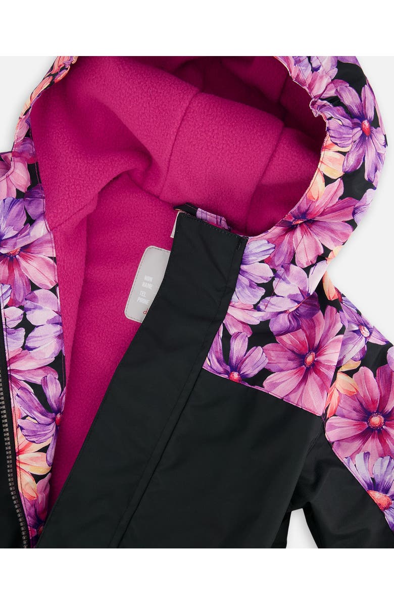 Deux par Deux Girl's Mid-Season One-Piece Outerwear Black With Pink And Orange Flowers, Alternate, color, 