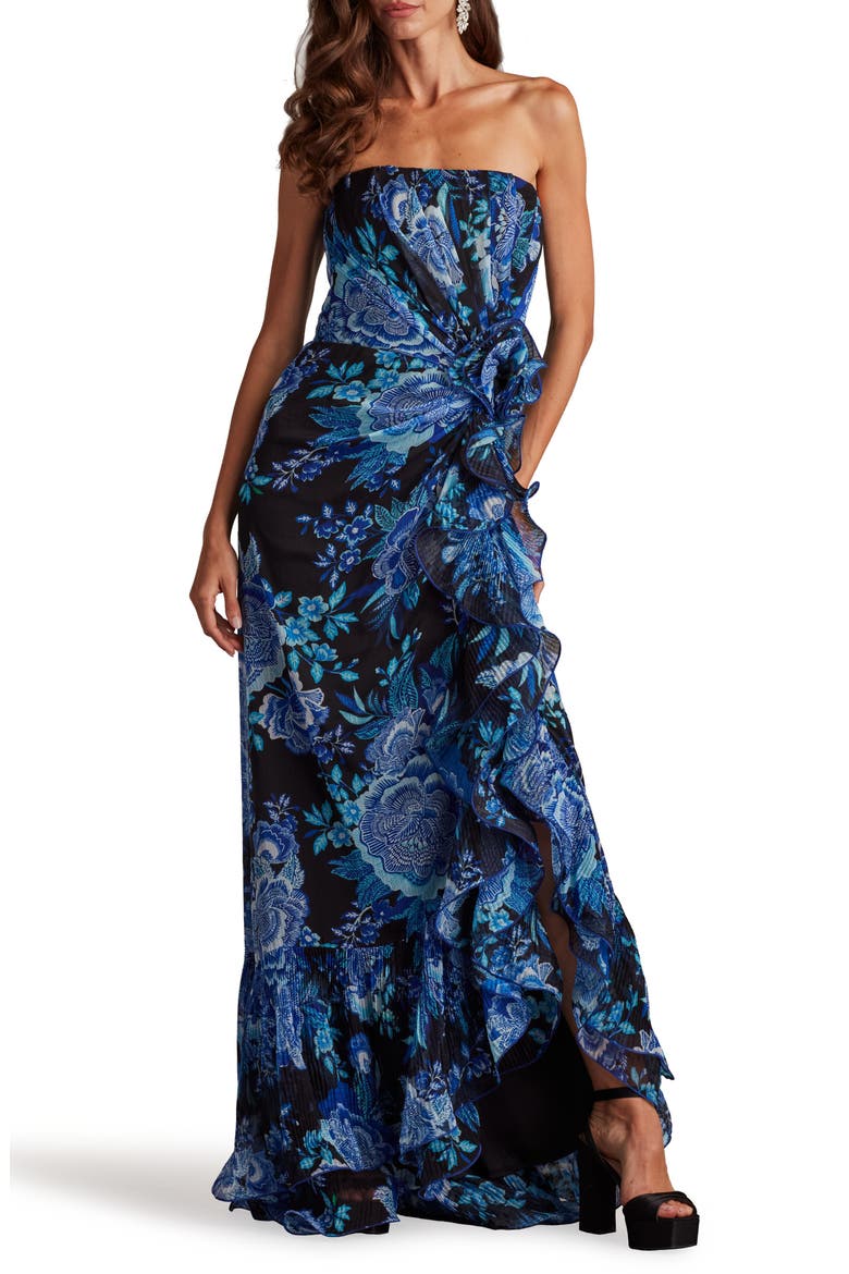 Side Ruffle Strapless Gown, Alternate, color, BLACK/ BLUE FLORAL