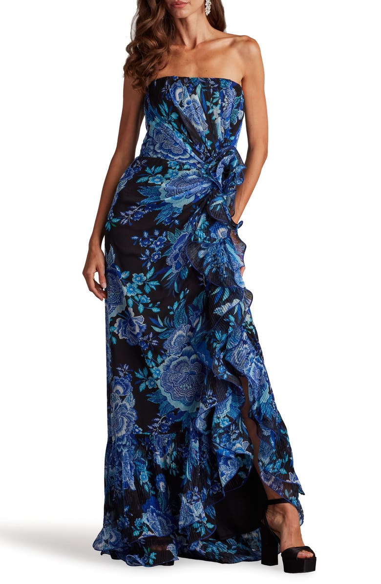 Tadashi Shoji Side Ruffle Strapless Gown, Alternate, color, Black/ Blue Floral