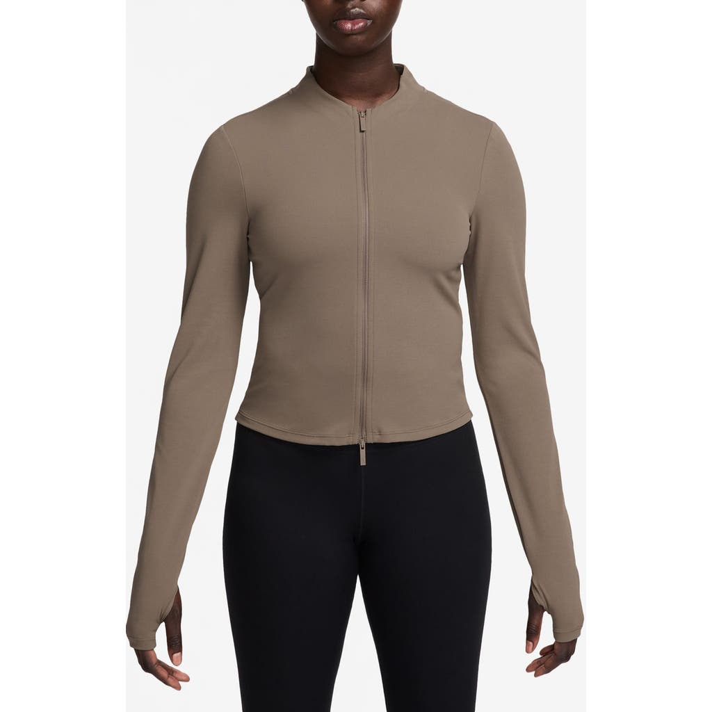Shop Nike Zenvy Dri-fit Long-sleeve Full Zip Top In Mink Brown/white