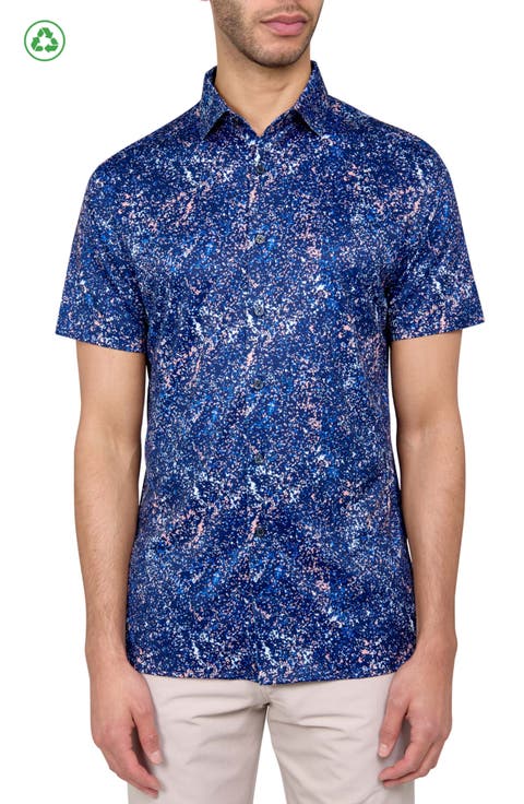 Regular Fit Splatter Print Recycled Performance Golf Button-Down Shirt