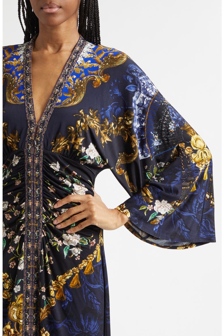 Beaded Print Long Sleeve Ruched Silk Midi Dress, Alternate, color, NOTES FROM THE BLUE ROOM