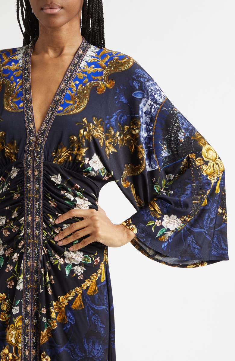 Camilla Beaded Print Long Sleeve Ruched Silk Midi Dress, Alternate, color, Notes From The Blue Room