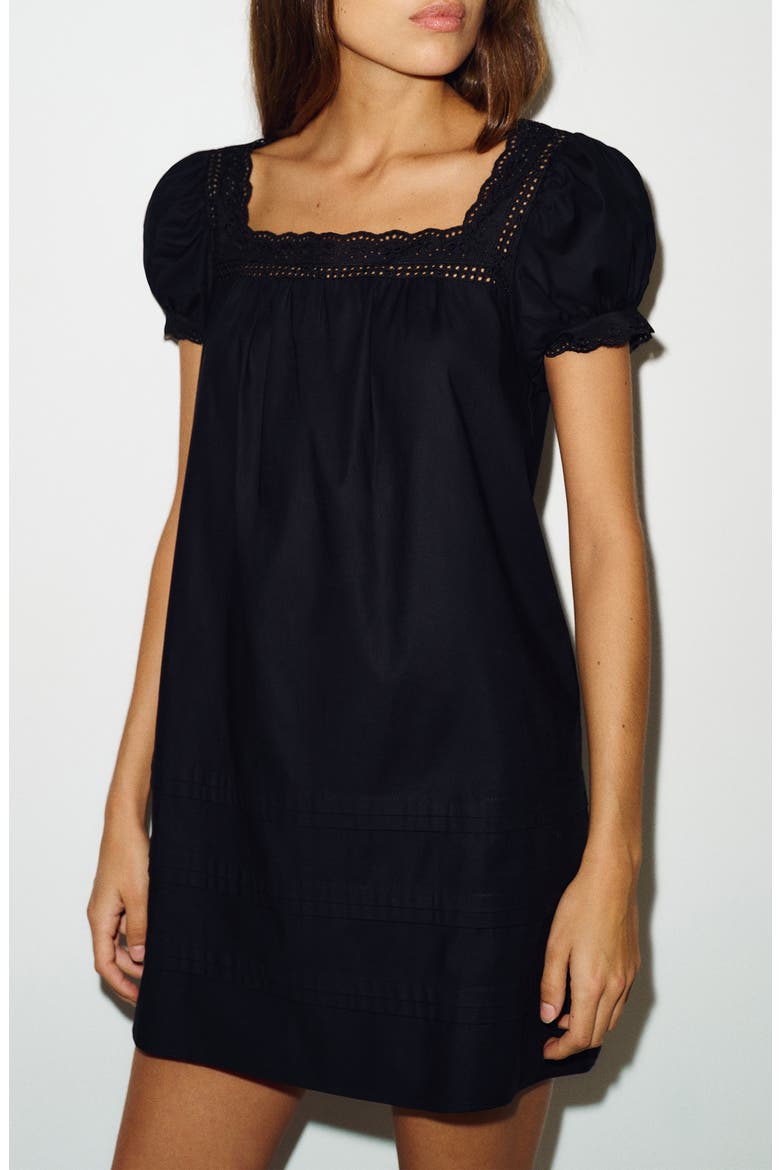 Joliette Eyelet Trim Puff Sleeve Minidress, Alternate, color, BLACK