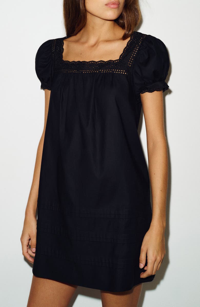 Reformation Joliette Eyelet Trim Puff Sleeve Minidress, Alternate, color, Black