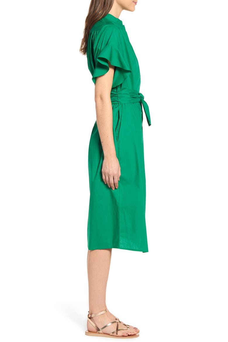 Ruffle Sleeve Tie Front Cotton Dress, Alternate, color, PALM GREEN