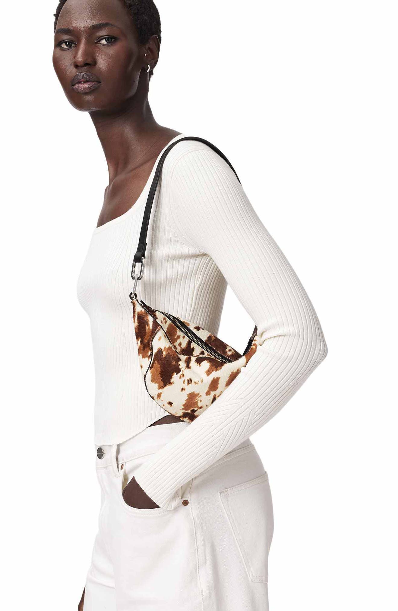 AllSaints Micro Luna Genuine Calf Hair Shoulder Bag, Alternate, color, Cow Print