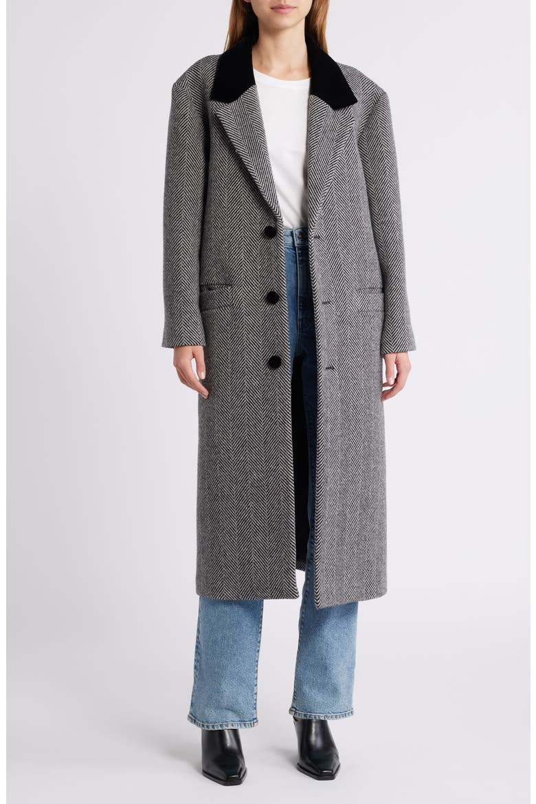 Herringbone Wool Blend Longline Coat, Main, color, BLACK MULTI