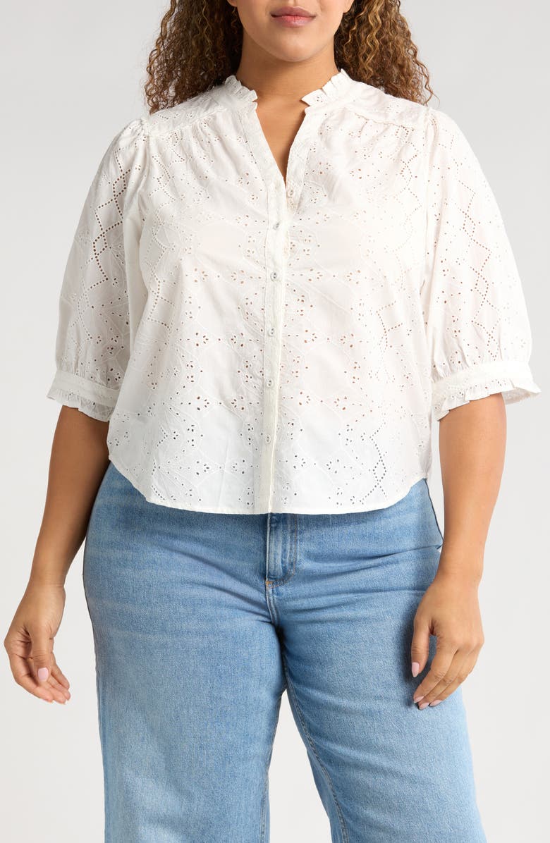Wit & Wisdom Below Eyelet Lantern Sleeve Top, Main, color, Off White