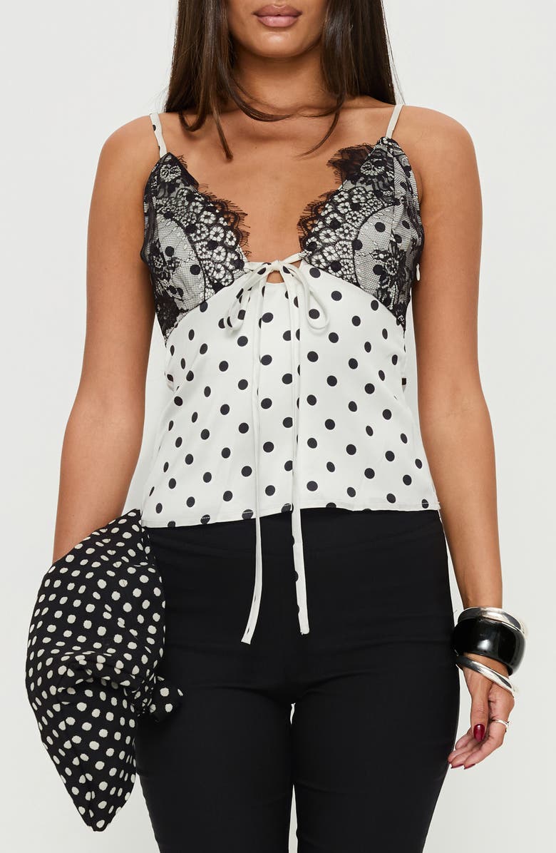 Princess Polly Jerelyn Lace Trim Camisole, Main, color, White Polka