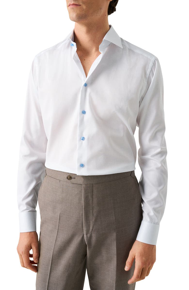 Eton Contemporary Fit Solid White Cotton Twill Dress Shirt, Main, color, 