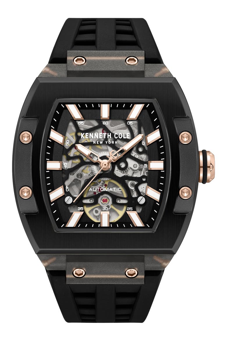 Skeleton Tonneau Automatic Silicone Strap Watch, 41.5mm x 53.5mm, Main, color, BLACK