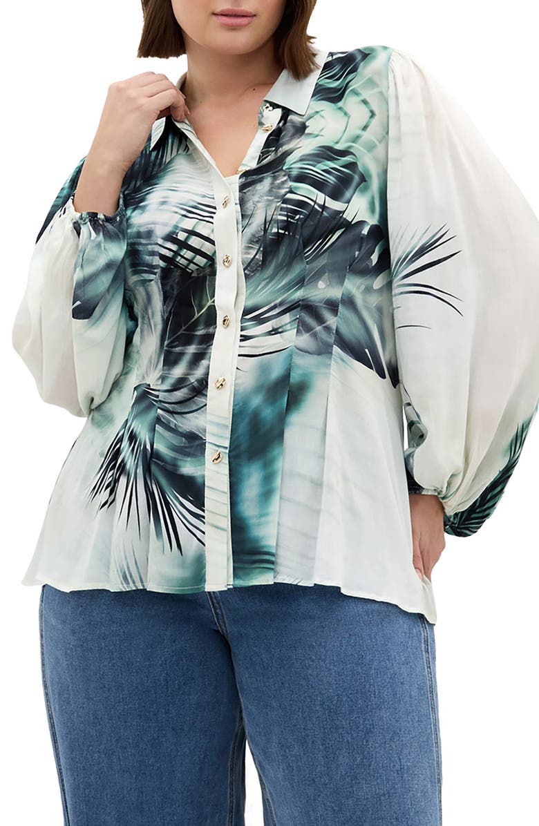 City Chic Piper Palm Print Button-Up Shirt, Main, color, Shadow Palm