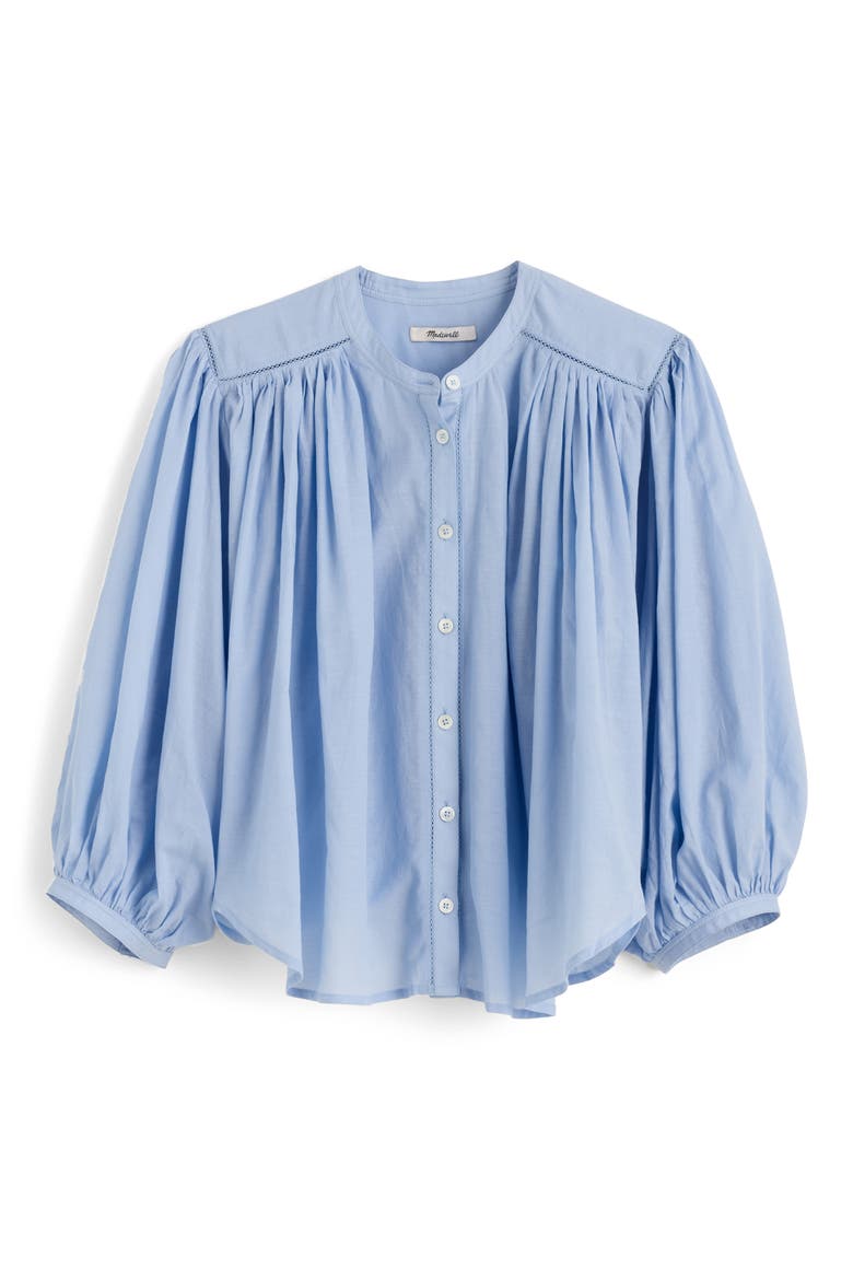 Shirred Crewneck Button-Up Top, Alternate, color, TRANQUIL BLUE