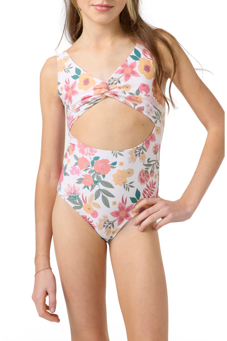 Camellia Floral Twist Cutout One-Piece Swimsuit, Alternate, color, VANILLA