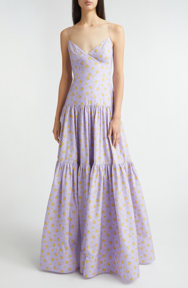 Lela Rose Floral Print Cotton Tiered Gown, Main, color, Lavender/ Sunflower