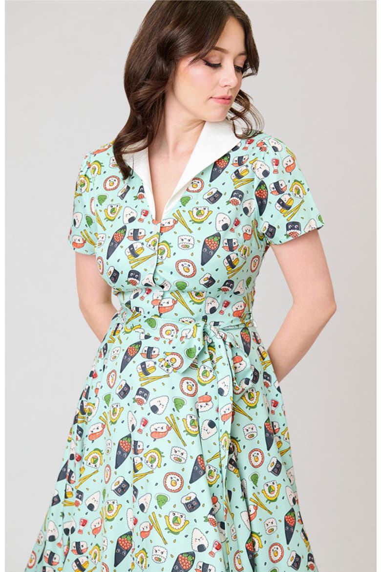 1950s Collared Shirt Dress, Alternate, color, Green Sushi Print