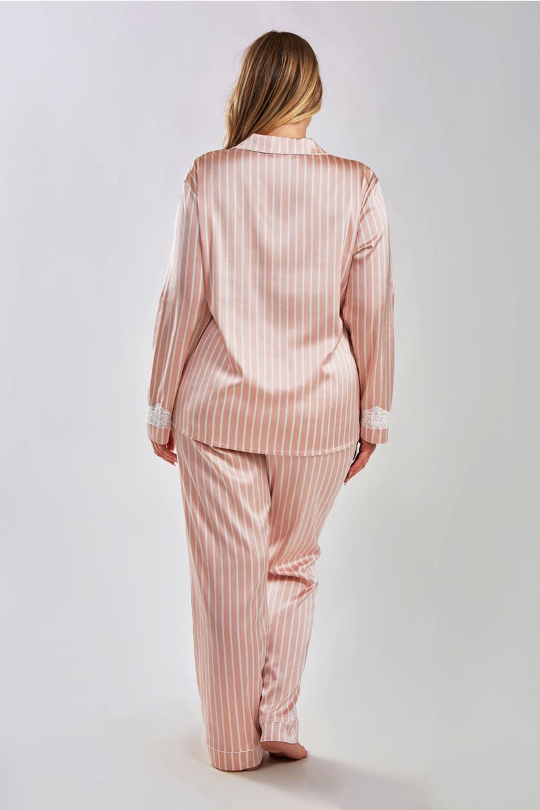 Stretch Satin Button-Down Pant Set with Lace Trim, Alternate, color, Pink