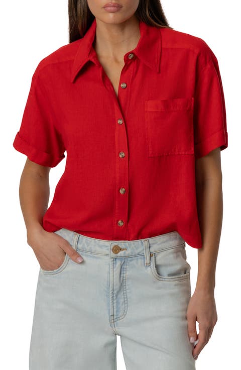 Aida Linen Blend Short Sleeve Button-Up Top