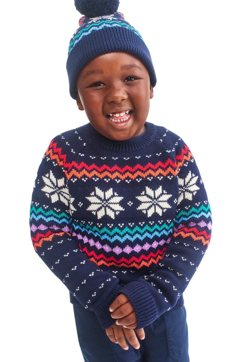 Kids Fair Isle Sweater, Alternate, color, Navy Rainbow Snowflake